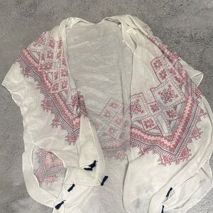 Dress Barn White Kimono with Pink Geometric Embroidery